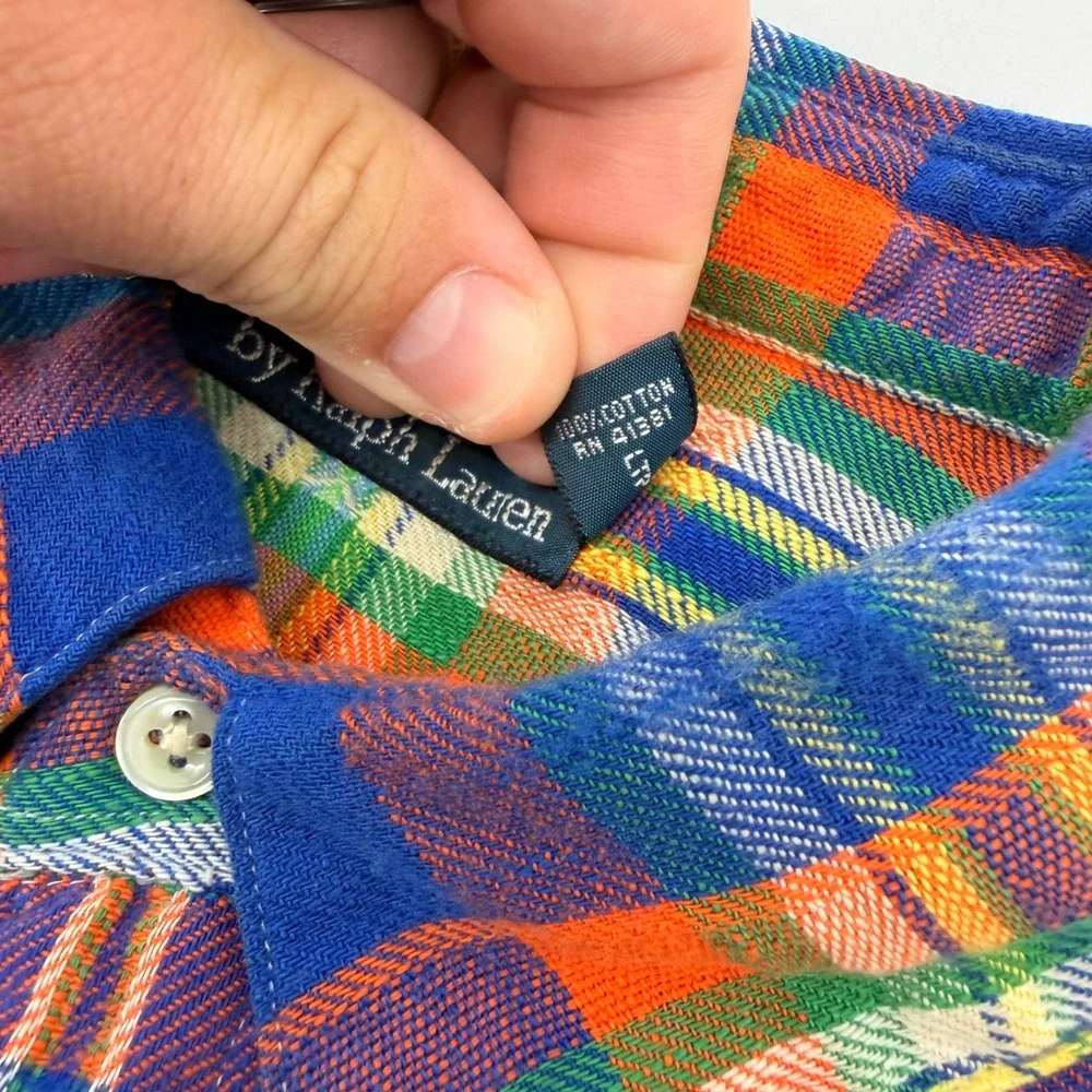 Polo Ralph Lauren Western Shirt Mens‎ Small Blue Orange Plaid Pearl Snap Cotton